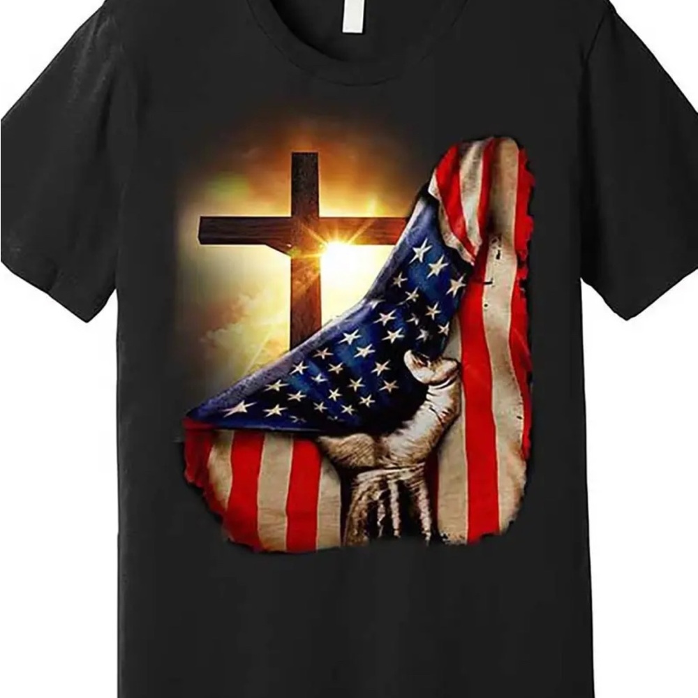 NEW Black T-Shirt with American Flag and Cross Design